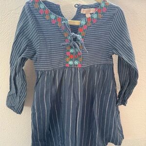 Striped Blue Dress with Floral Embroidery